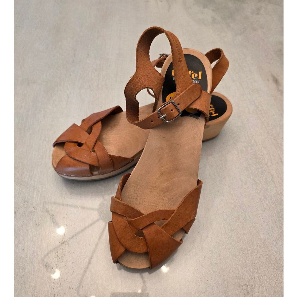 Swedish Hasbeen Wooden Clogs SZ 37 Brown Leather Ankle Strap